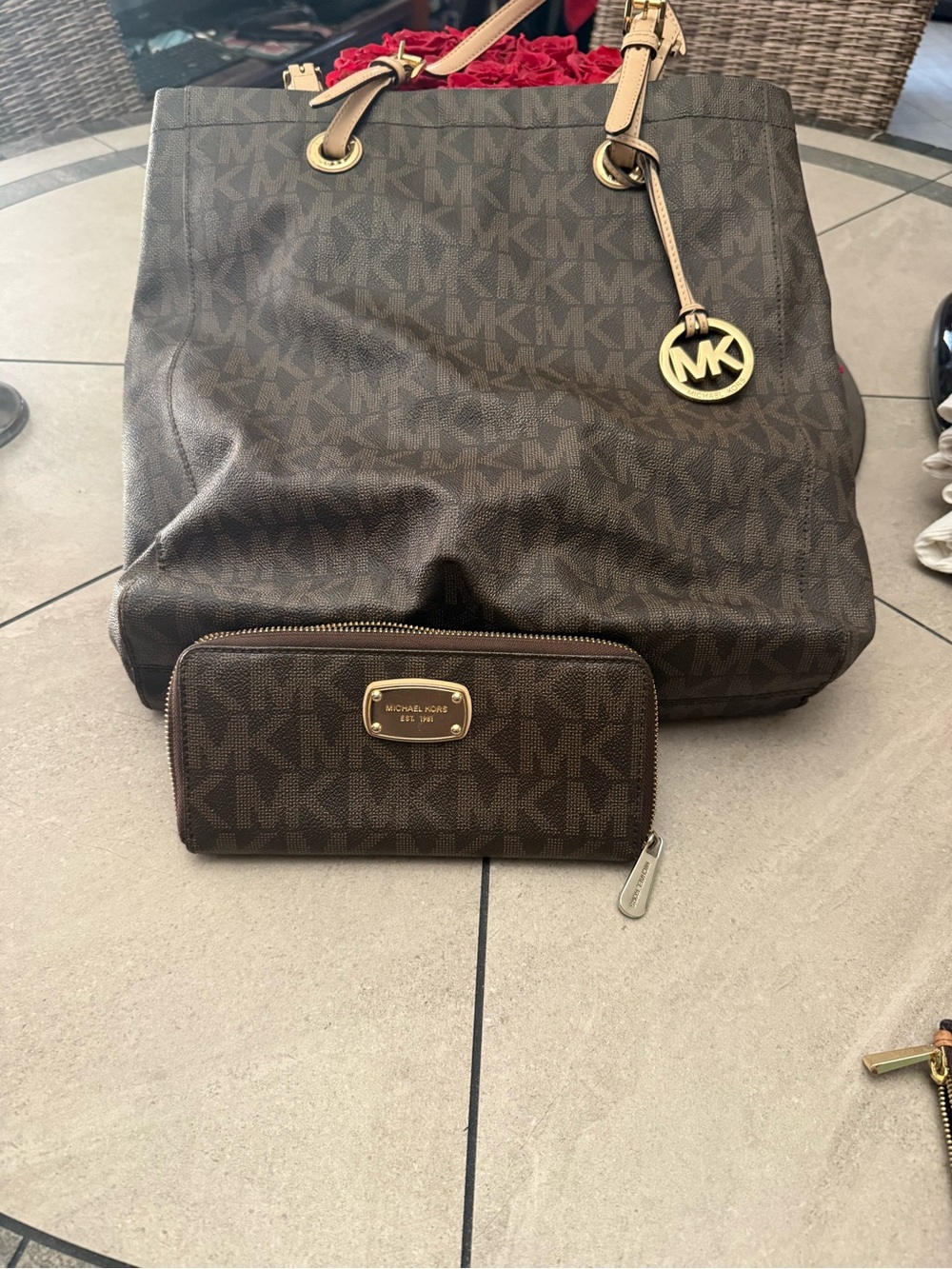 Michael Kors Brown Monogram Tote with Matching Brown Zip Wallet